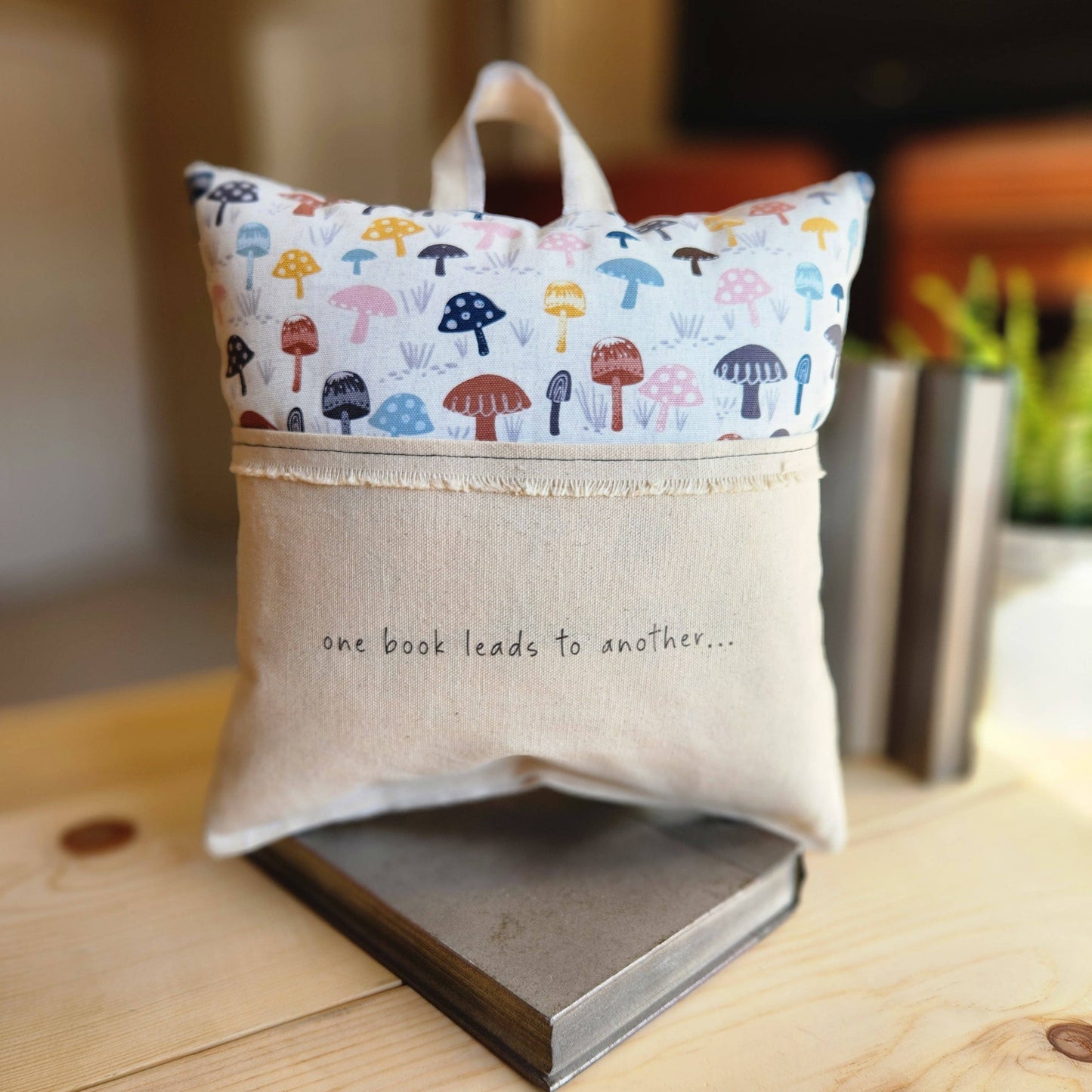 One Book Leads to Another, Reading Pillow, mushroom print
