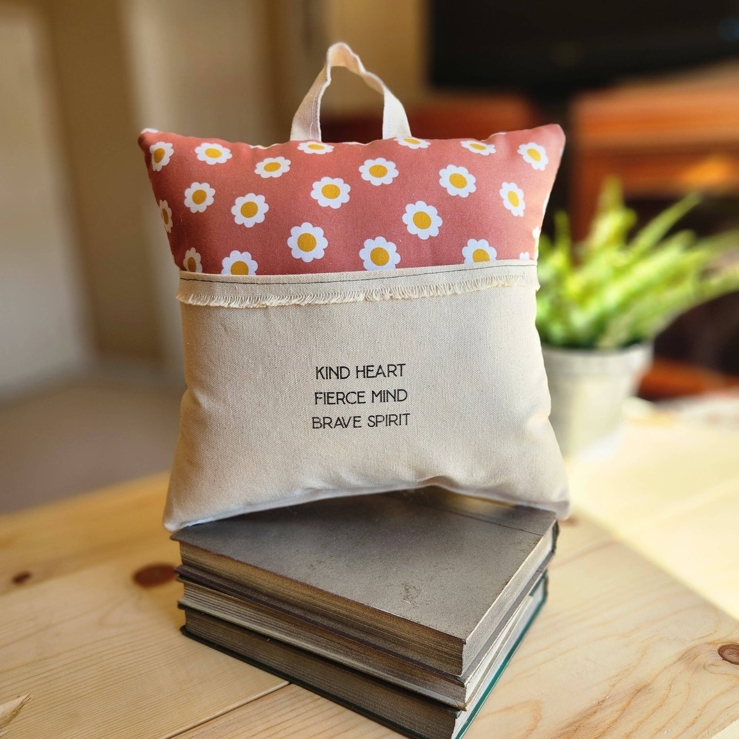 Kind Heart, Fierce Mind, Reading Pillow, Daisy Print