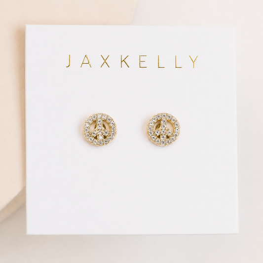Pave Stud - Peace Sign - Gold Earrings