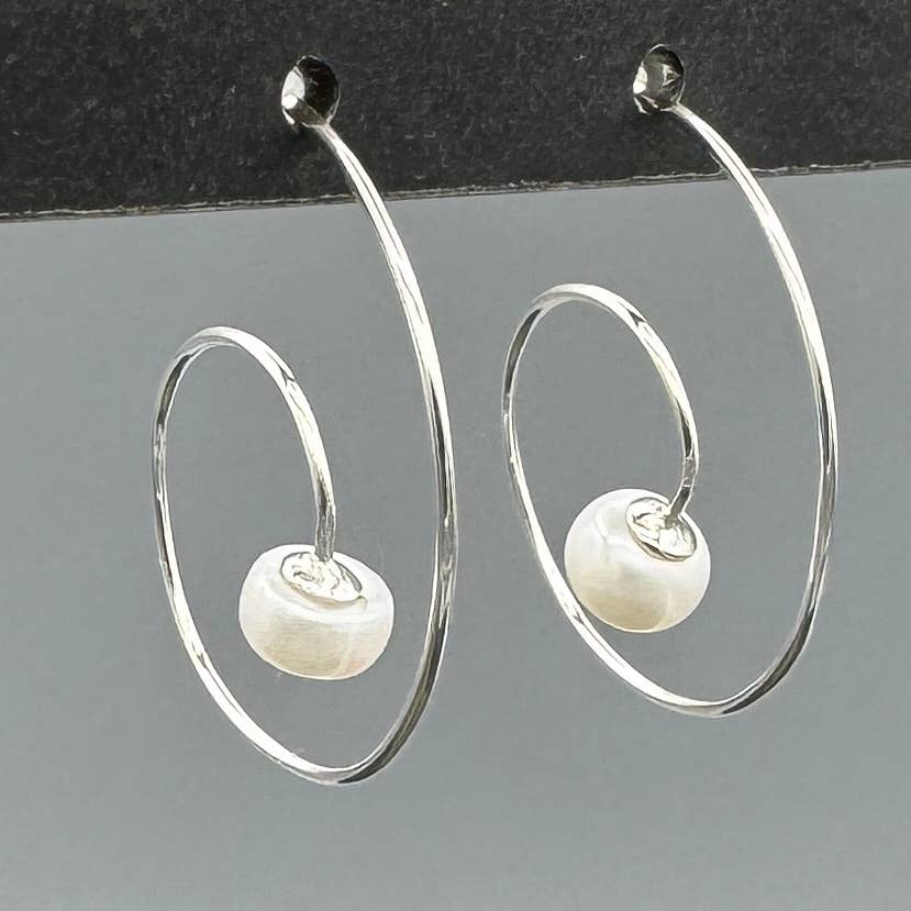 Silver Freshwater Pearl Spiral Hoops