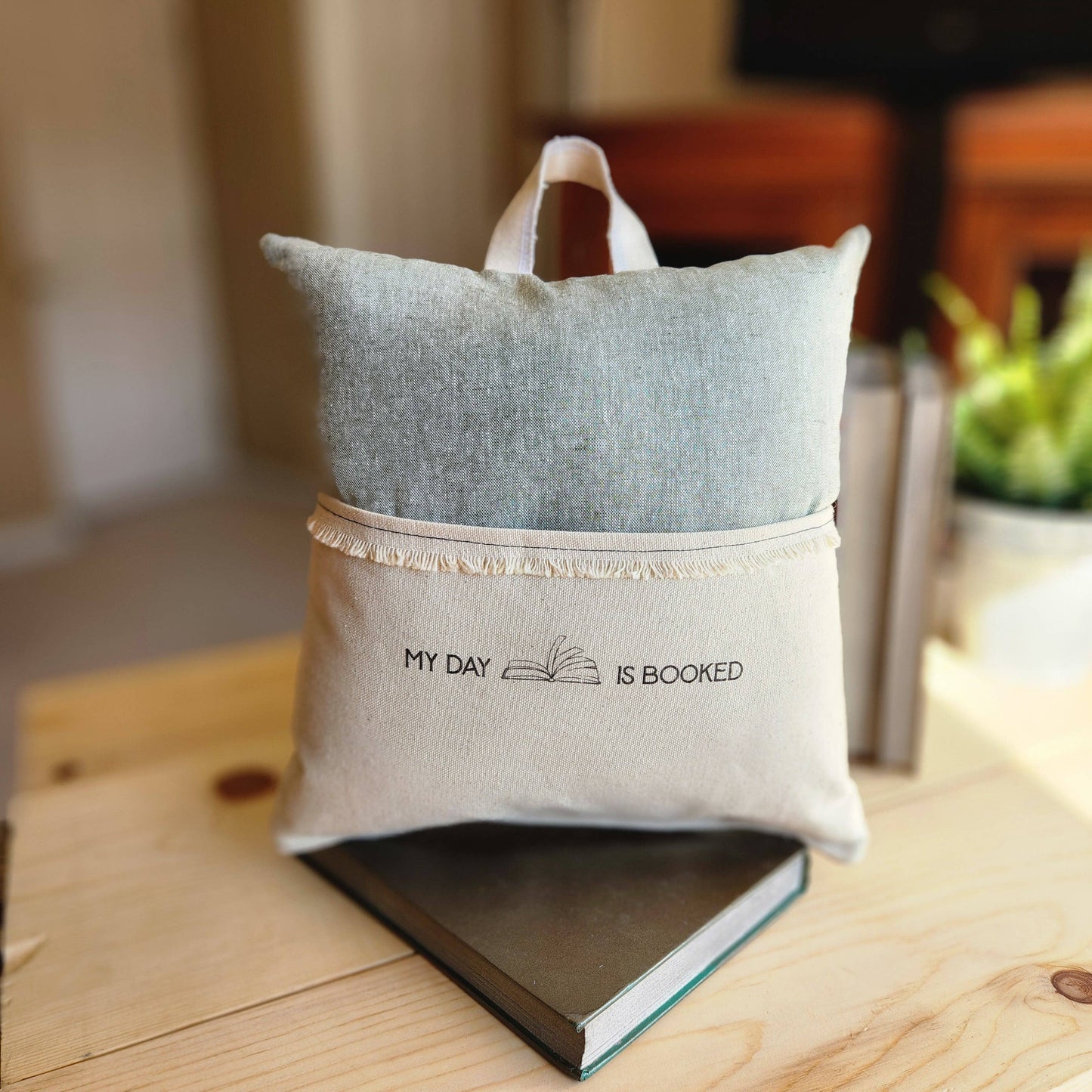 My Day is Booked, Reading Pillow, Tablet Pillow, Green Linen