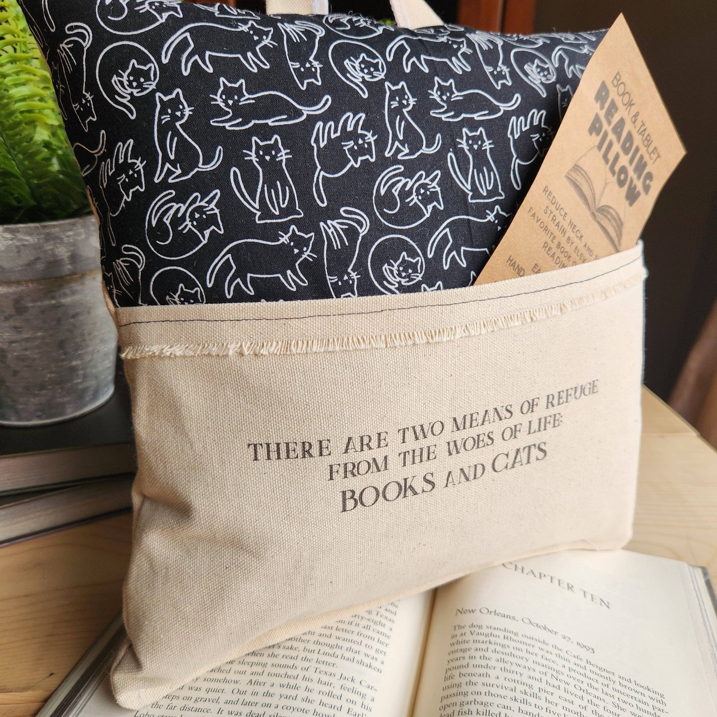 Books and Cats, Reading Pillow, cat print