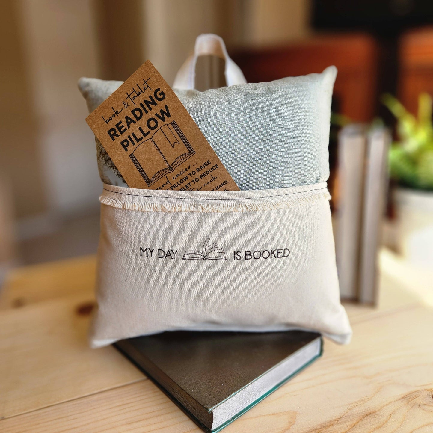 My Day is Booked, Reading Pillow, Tablet Pillow, Green Linen