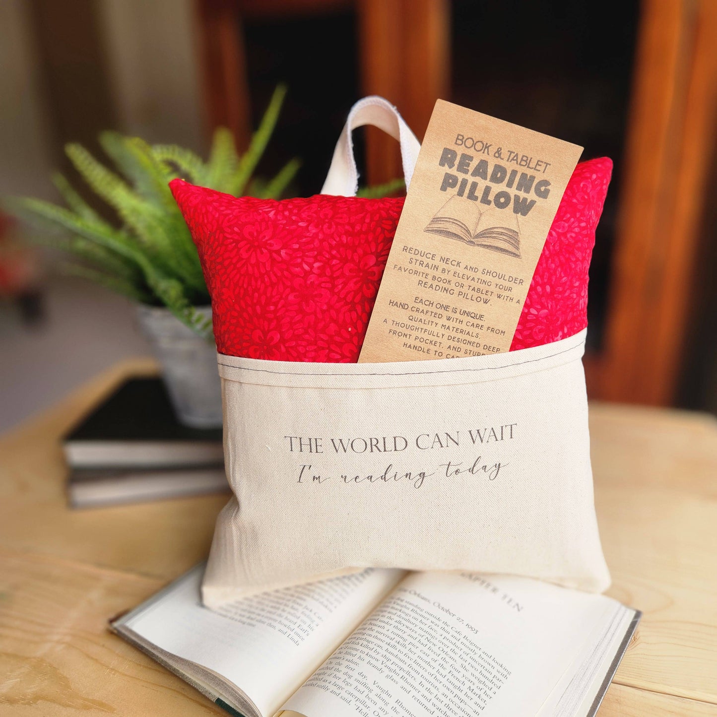 The world can wait... Reading Pillow, red batik