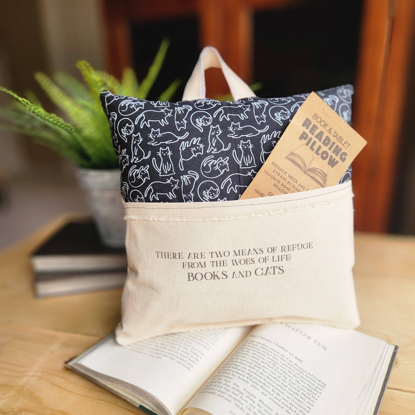 Books and Cats, Reading Pillow, cat print