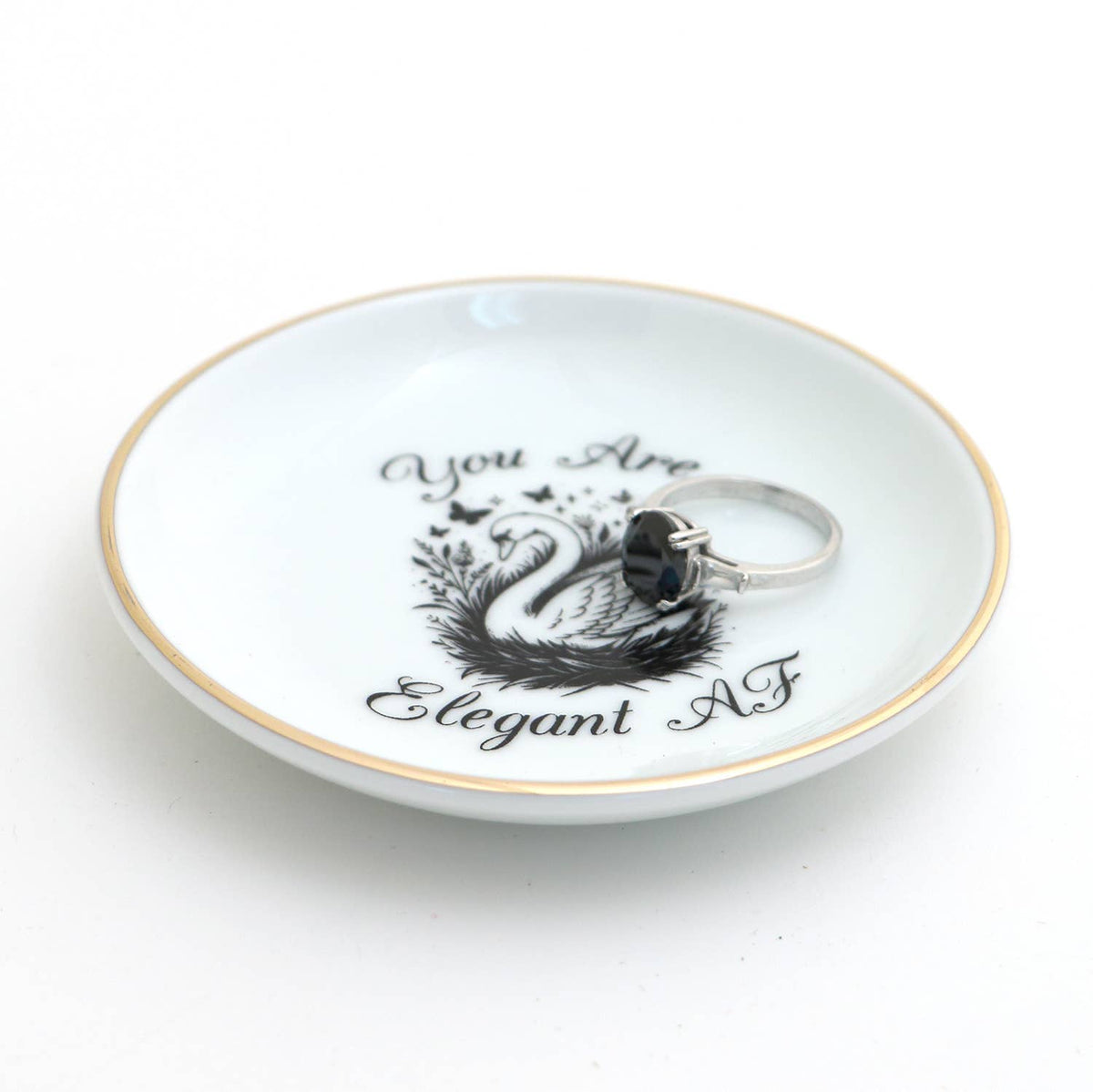Elegant AF Ring Dish, Swan, 22k Gold Accents porcelain