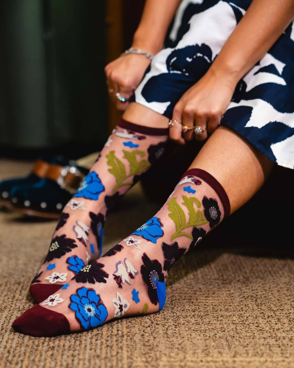 Electric Dusk Floral Shimmer Sheer Crew Sock