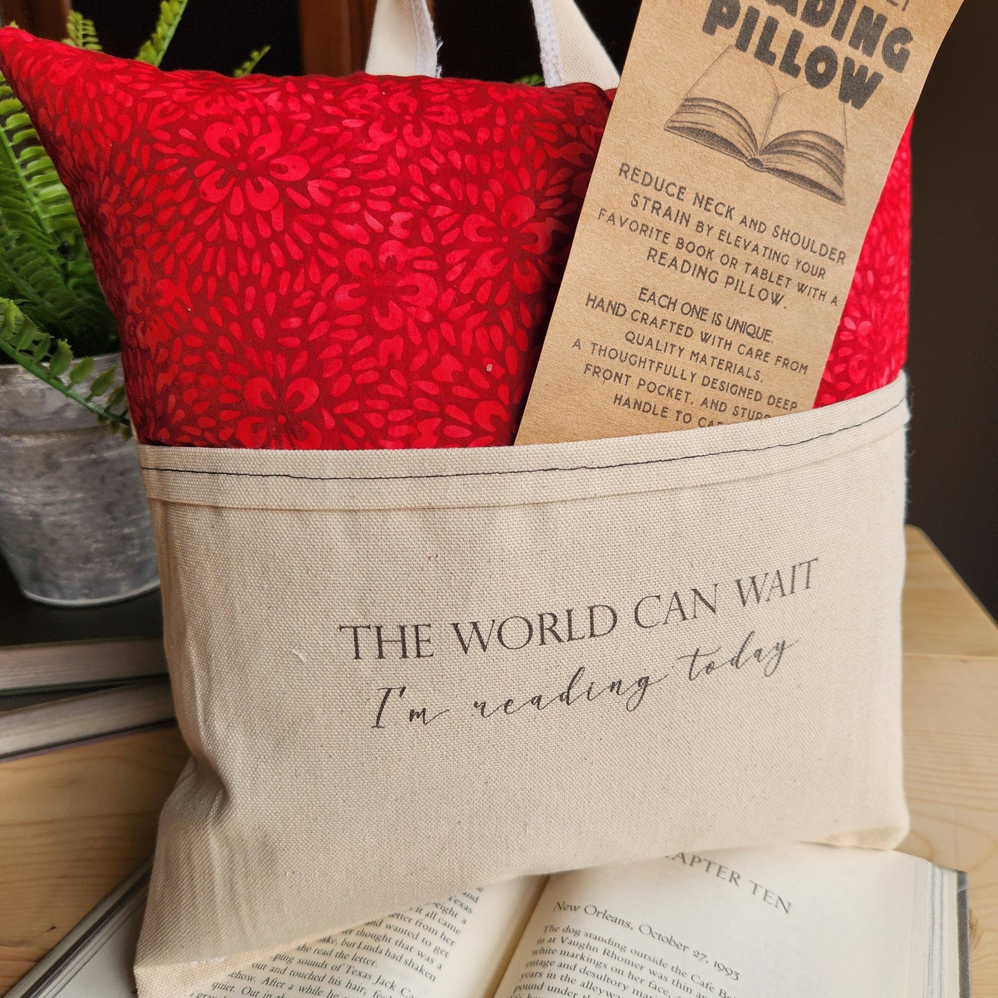 The world can wait... Reading Pillow, red batik