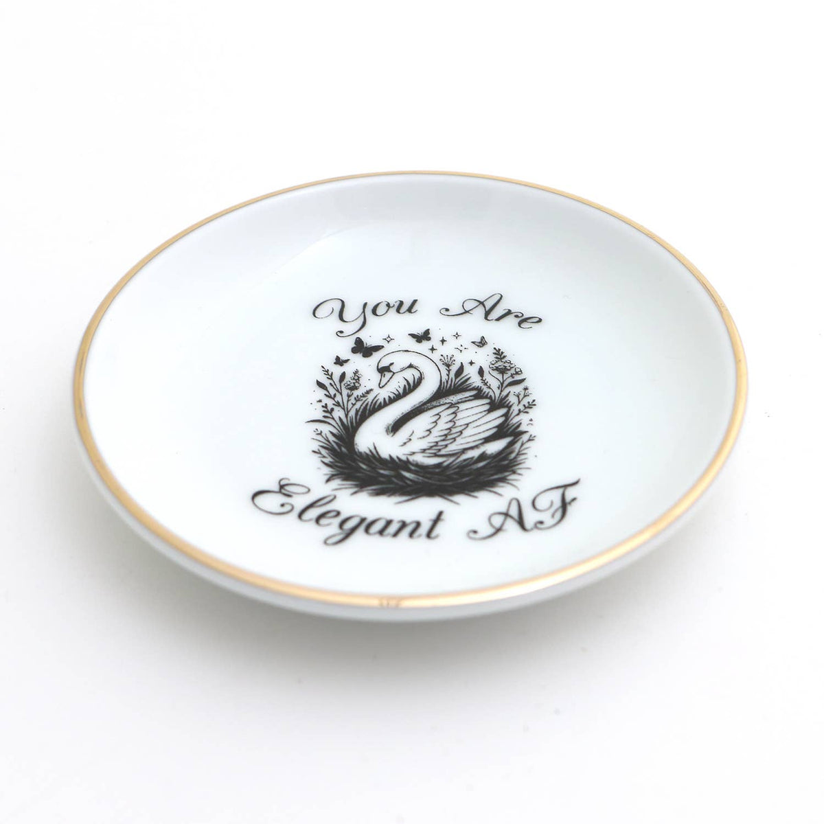 Elegant AF Ring Dish, Swan, 22k Gold Accents porcelain