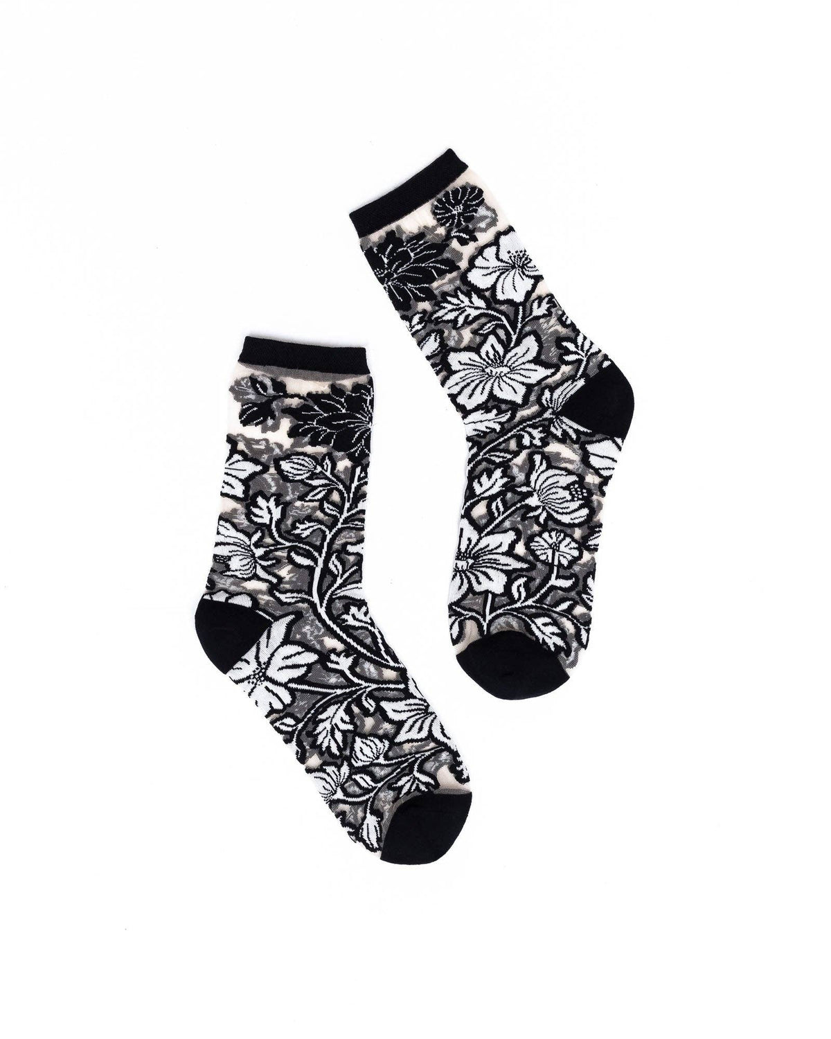 Black and White Florals Sheer Crew Sock