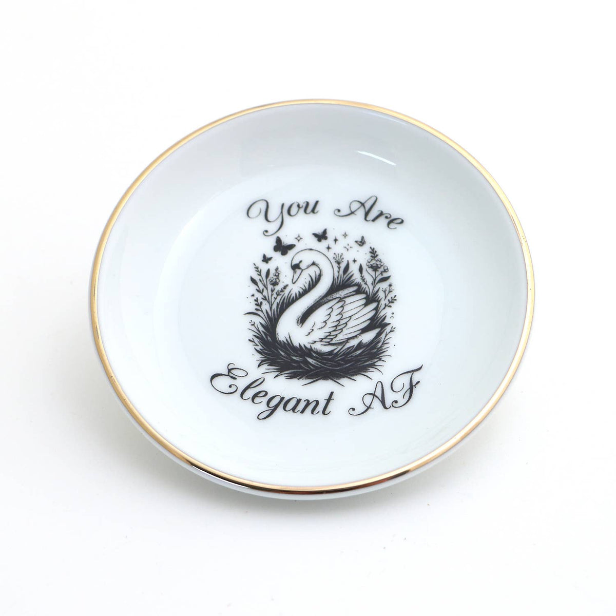 Elegant AF Ring Dish, Swan, 22k Gold Accents porcelain