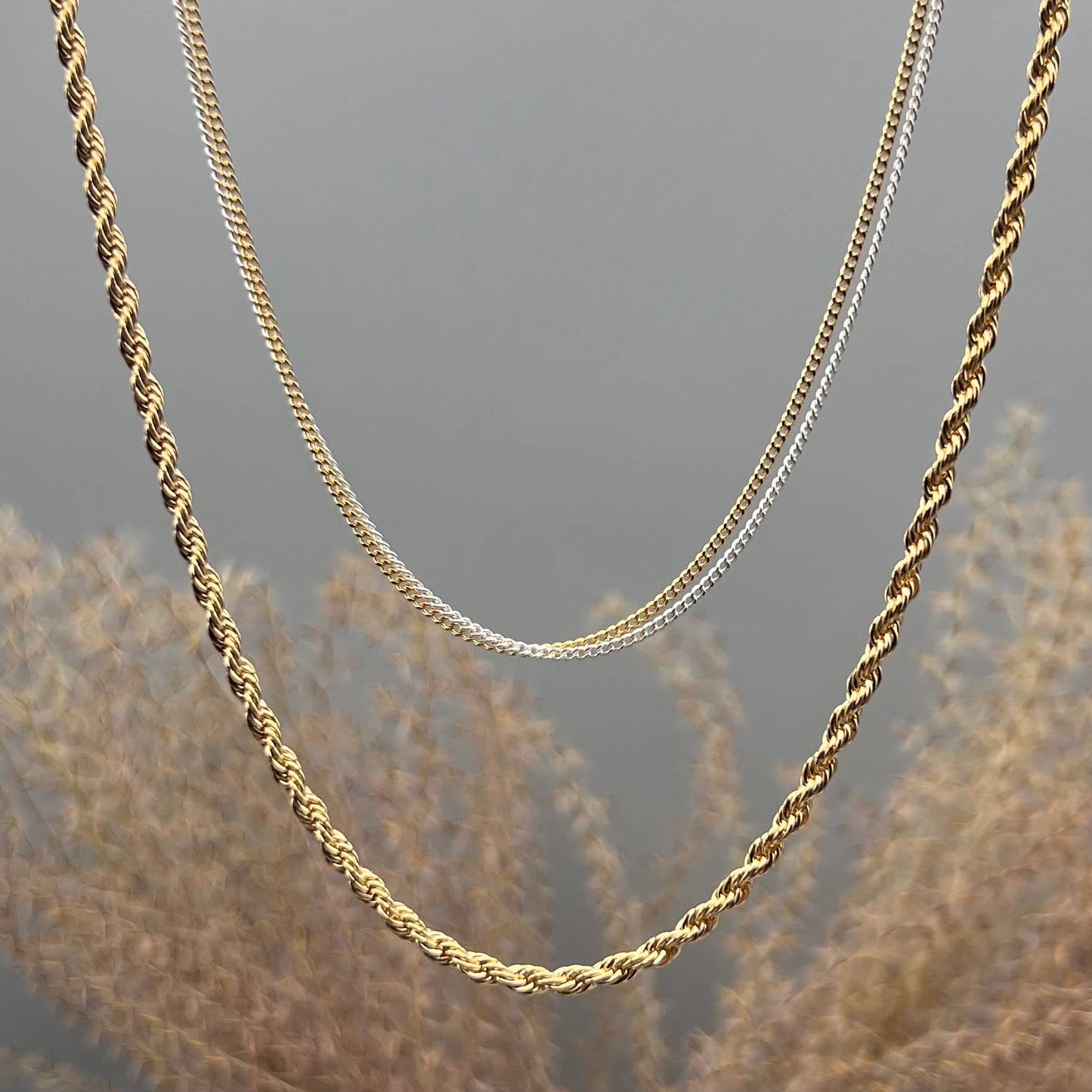 Two Tone Tiny Curb Double Strand Necklace