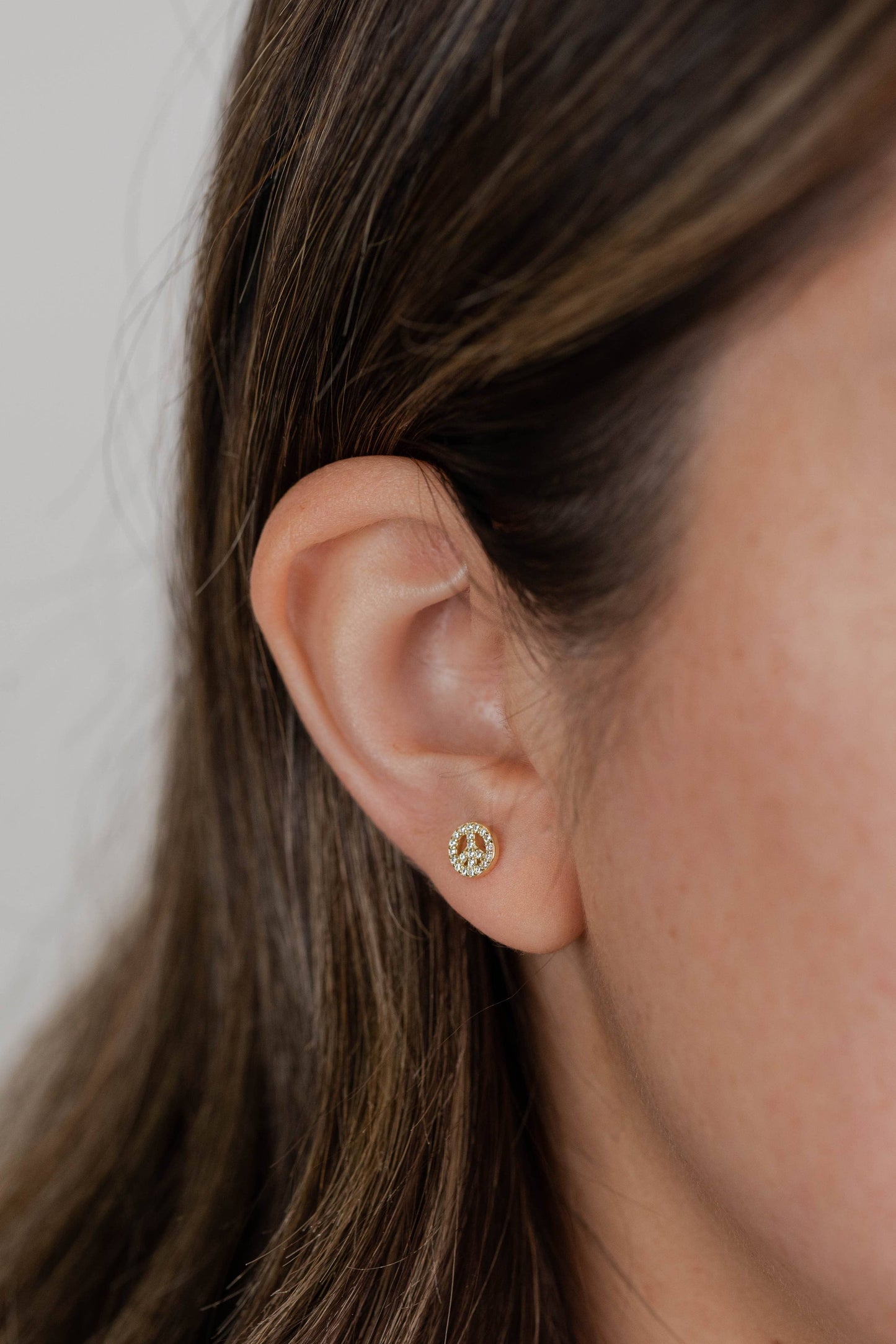 Pave Stud - Peace Sign - Gold Earrings