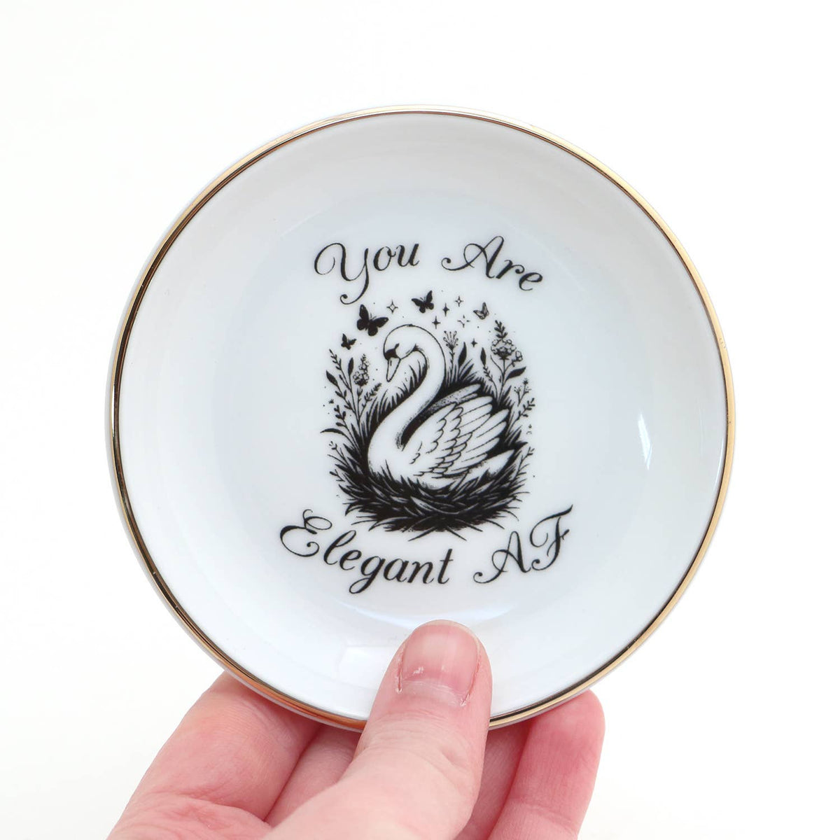Elegant AF Ring Dish, Swan, 22k Gold Accents porcelain